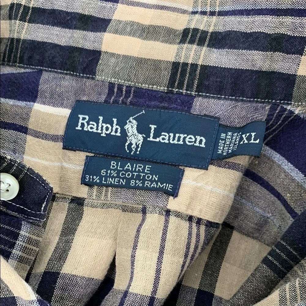 Polo Ralph Lauren Blaire button down plaid shirt navy blue tan plaid men XL